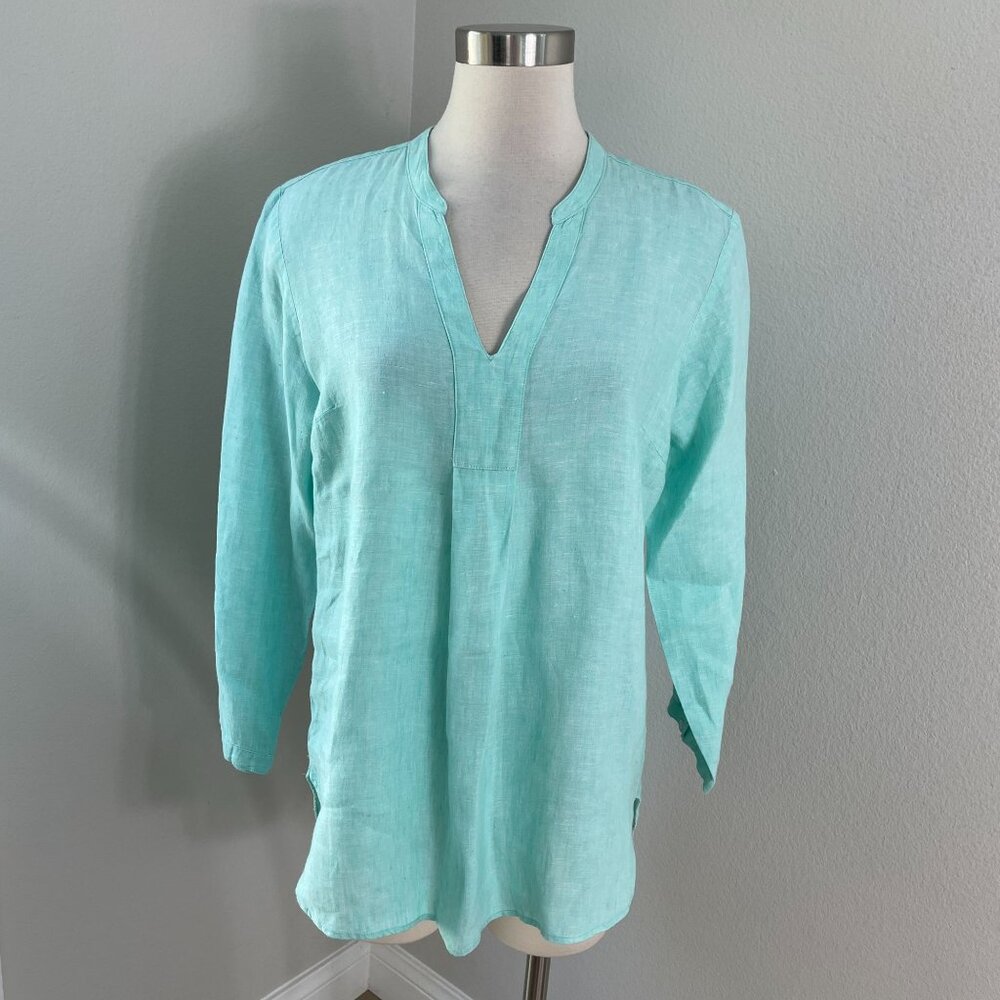 LL Bean Womens Petites Medium Aqua Blue 100% Linen Tunic Top Long Sleeve Shirt